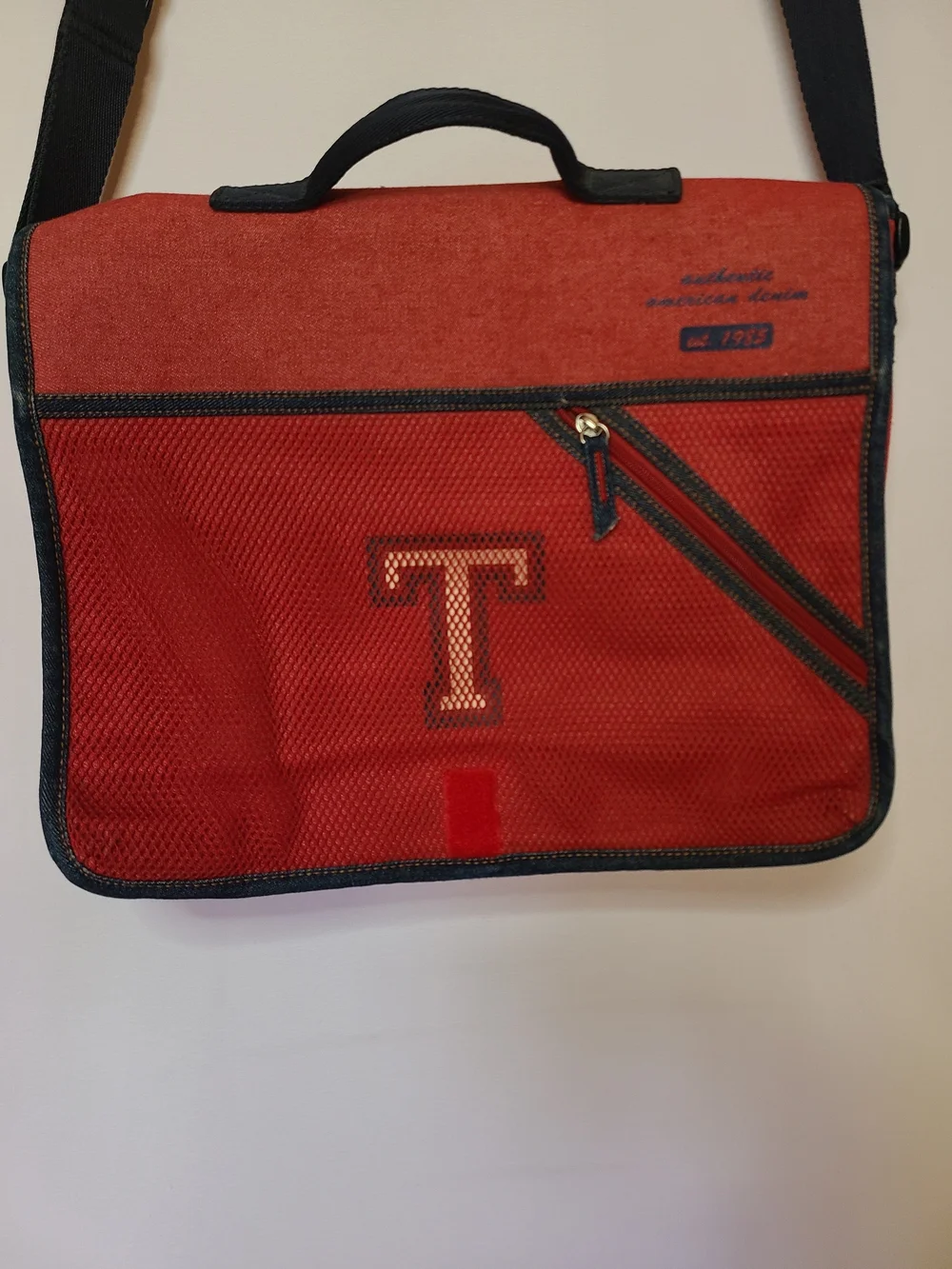 Vintage Tommy Hilfiger Red Denim Messenger Bag T Logo Plaid Lined Y2K